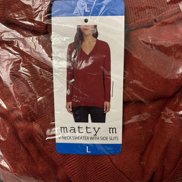 Matty M Women's V-Neck Pullover Sweater With Side Slits , Brick, L - Picture 3 of 4